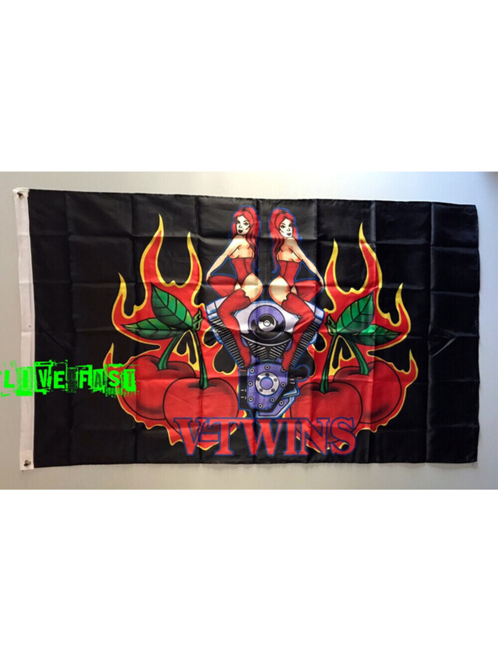 V TWINS Wall Banner Tapestry Flag sexy biker babes motorcycle club house garage